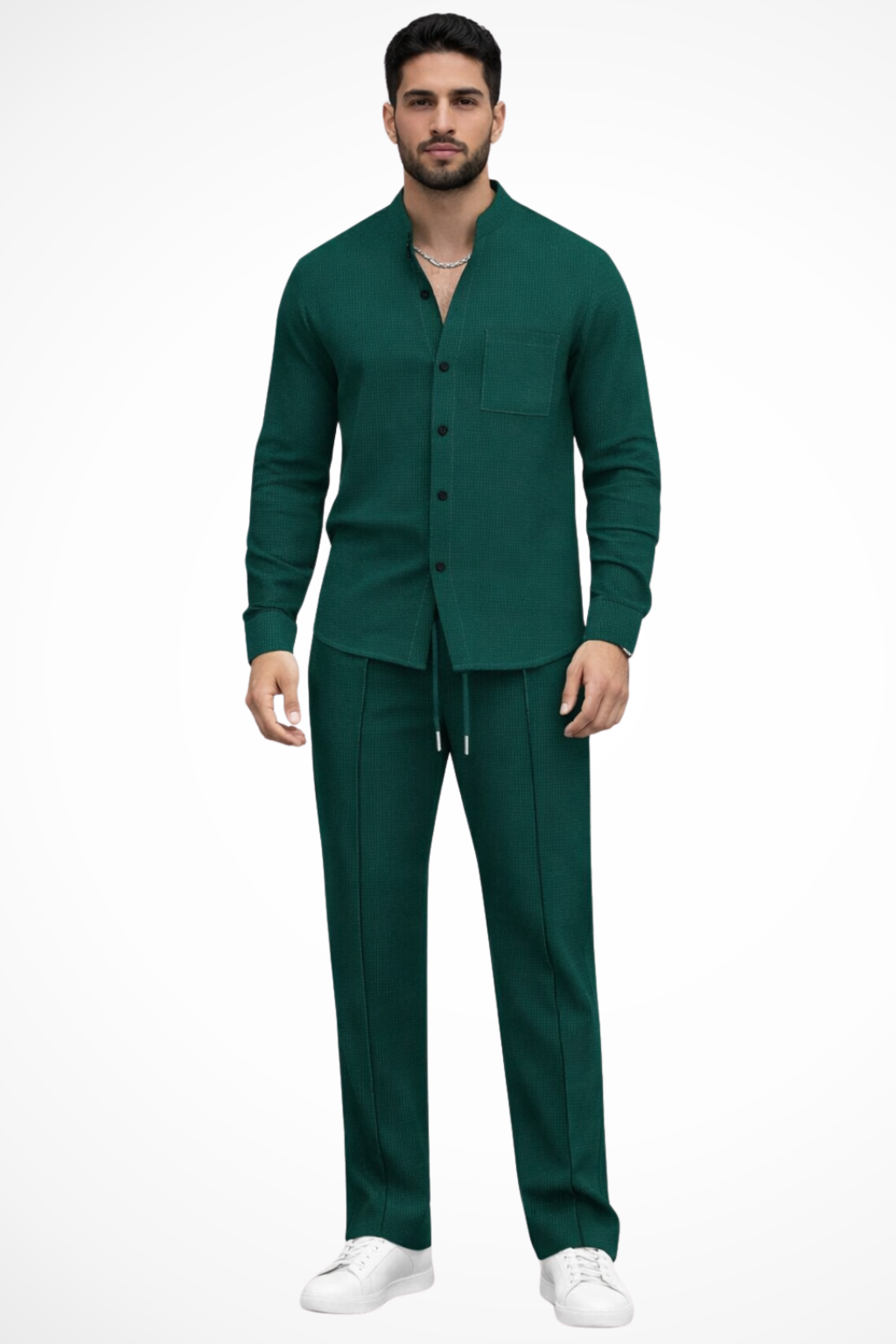 Men's textured button-down shirt and matching trousers set for stylish casual wear.