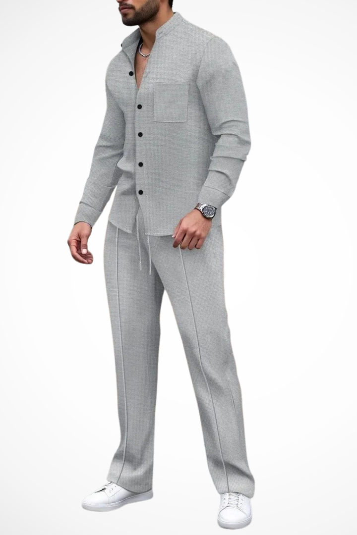 Comfortable and stylish men's textured shirt and trouser set, adjustable waist.
