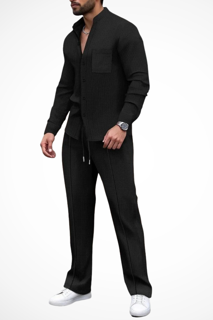 Elevate your style with this men's textured button-down shirt and trouser set.