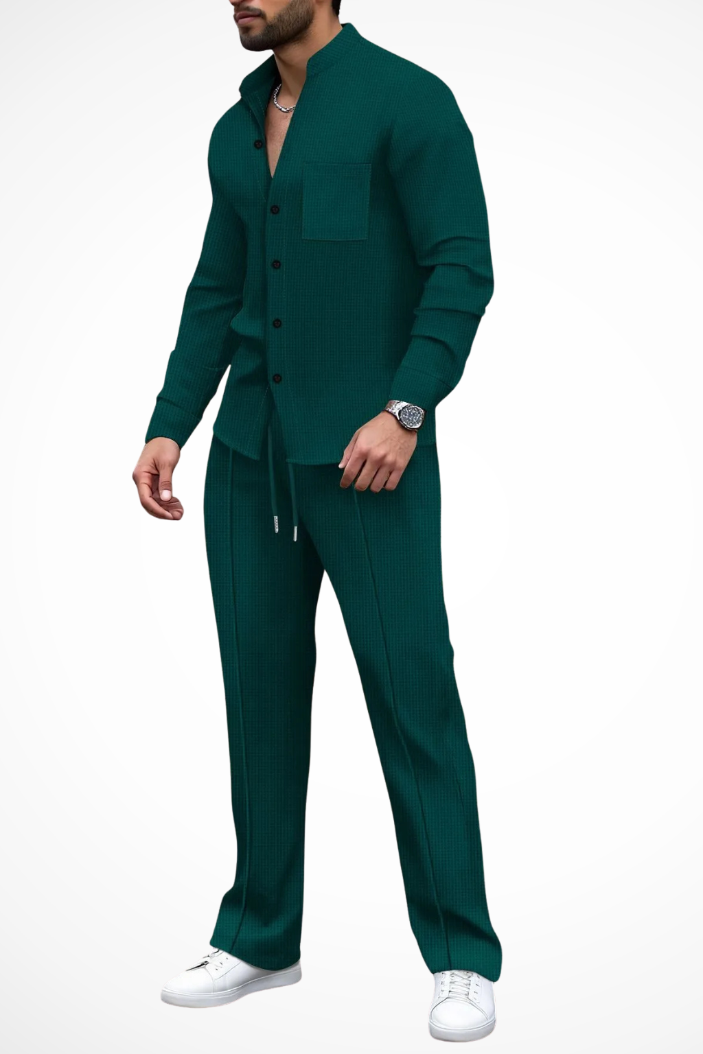 Two-piece coordinated set for men featuring a textured shirt and comfortable trousers.