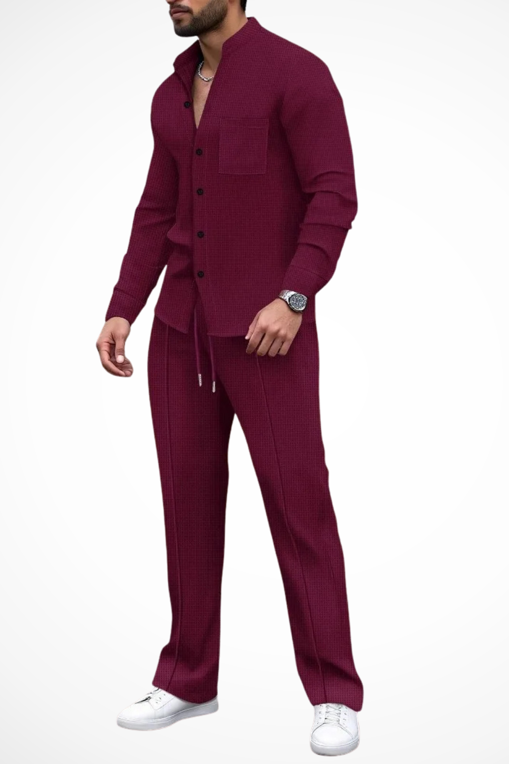 Casual yet smart men's 2-piece set with a unique textured fabric shirt and trousers.