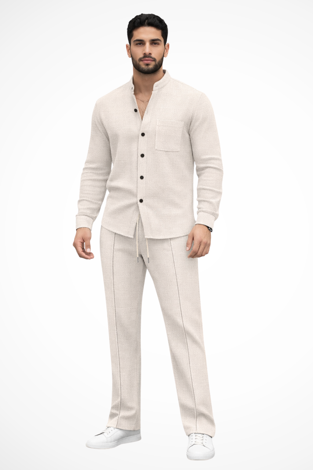 Complete menswear look: textured button shirt and adjustable waist trousers set.