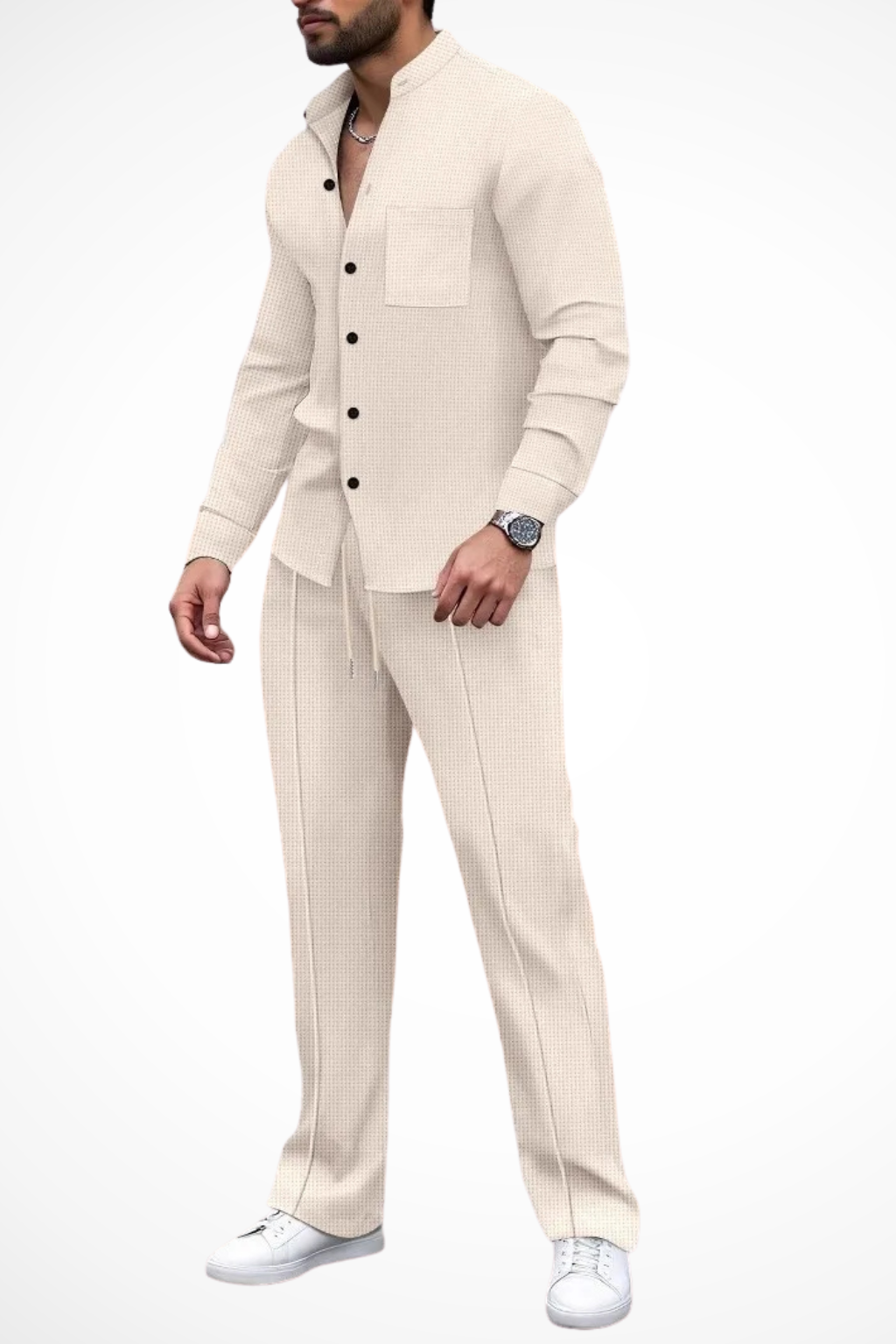 Men's textured shirt and trouser set, perfect for smart casual occasions.