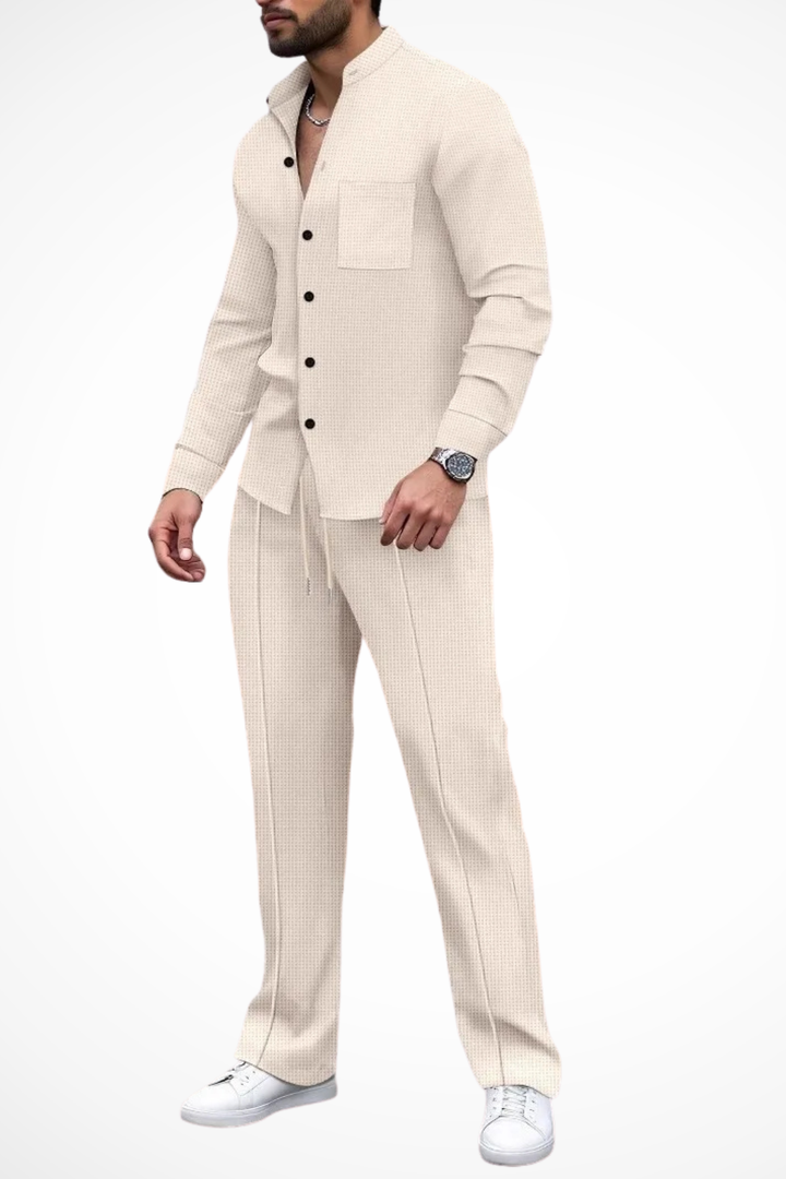Men's textured shirt and trouser set, perfect for smart casual occasions.
