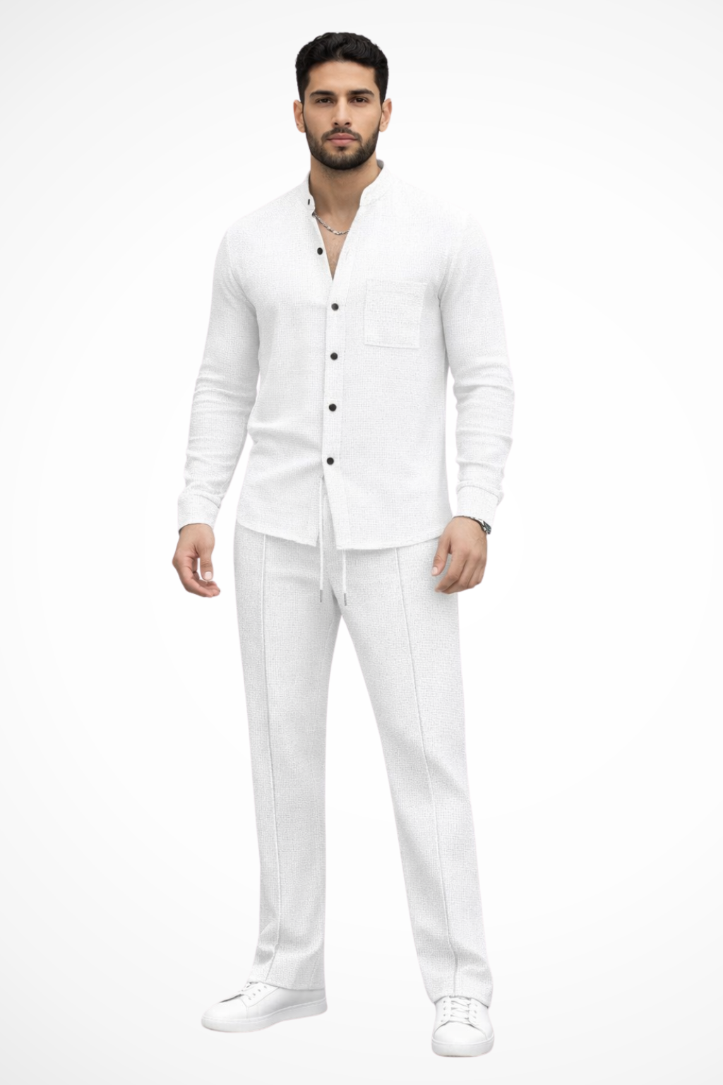 Modern men's two-piece set with a distinctive textured button-down shirt and trousers.