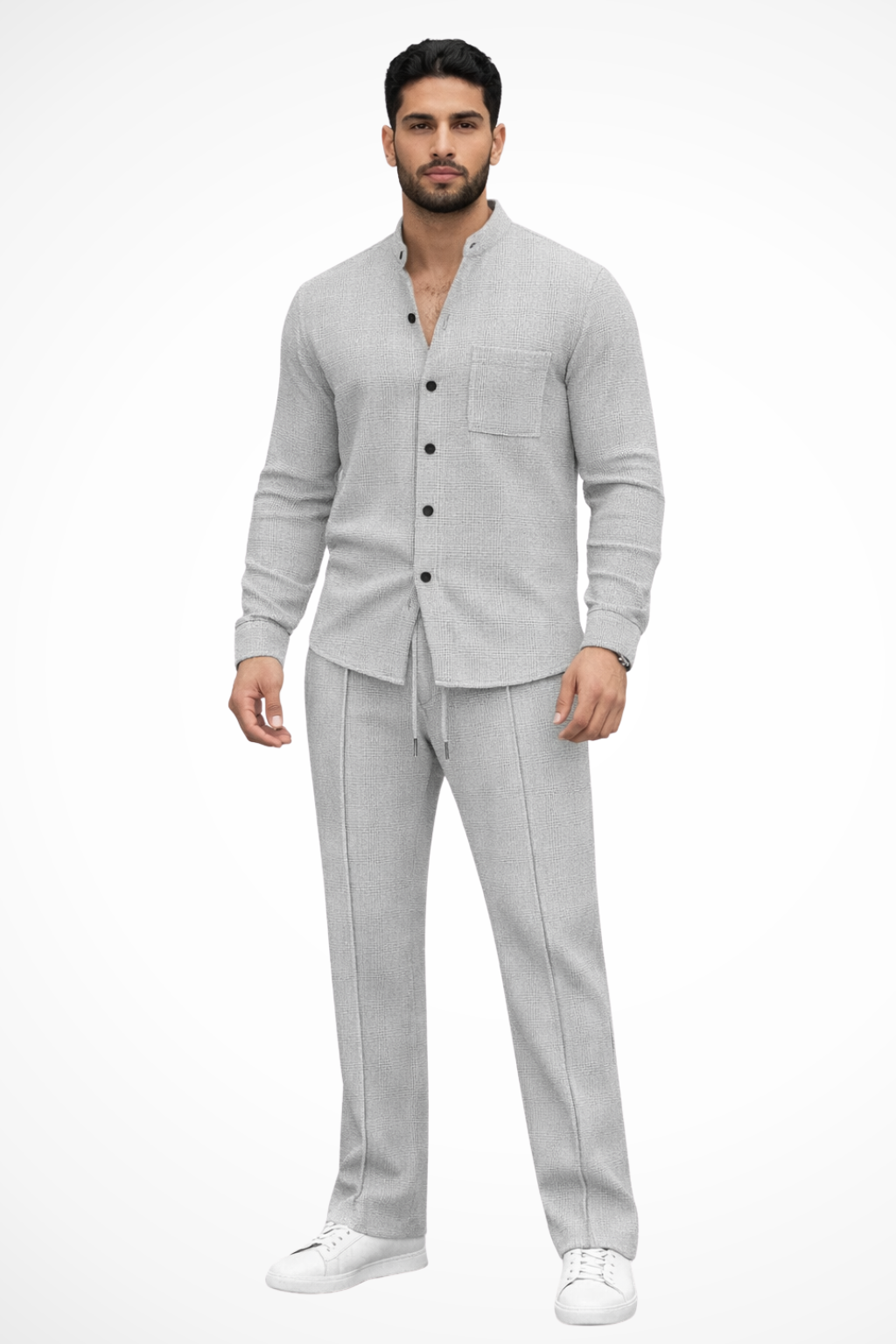 Sharp men's fashion: textured button shirt with coordinated trousers, 2-piece set.