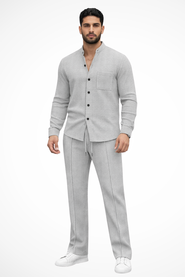 Sharp men's fashion: textured button shirt with coordinated trousers, 2-piece set.