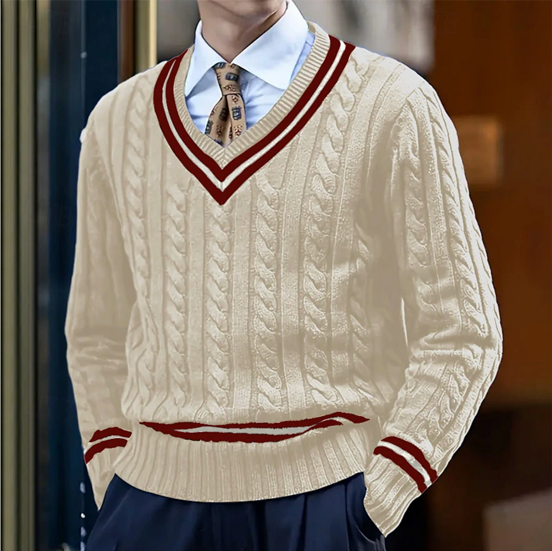 Men's textured cable knit v-neck sweater in a classic pullover style for fall and winter fashion.