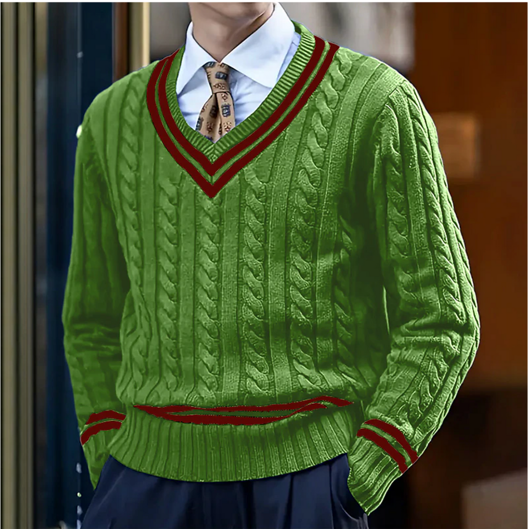 Stylish men's casual wear: A warm, cable knit v-neck sweater perfect for smart casual occasions.