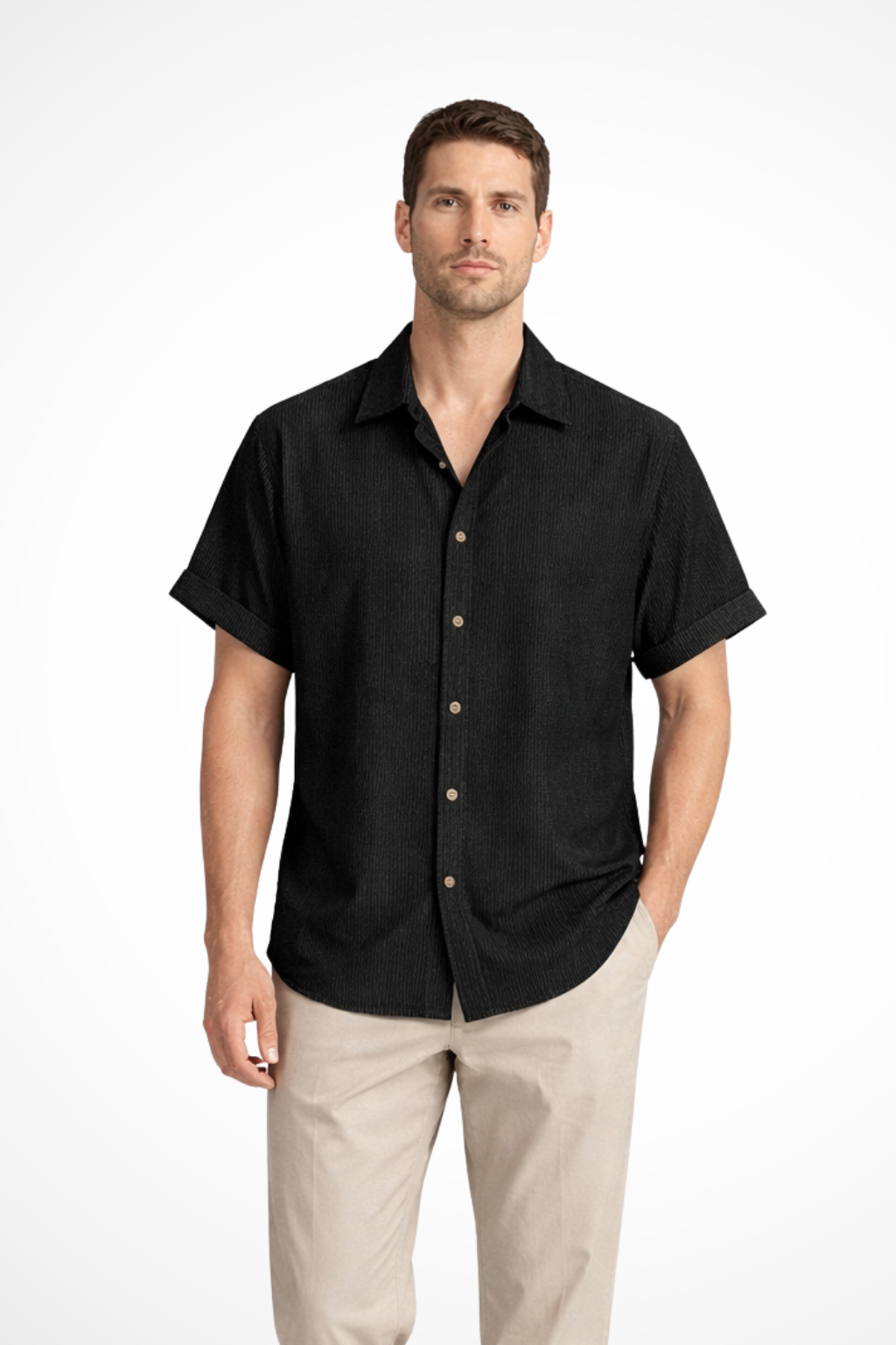Men's textured camp collar button-down shirt, short sleeve, perfect for casual summer style.