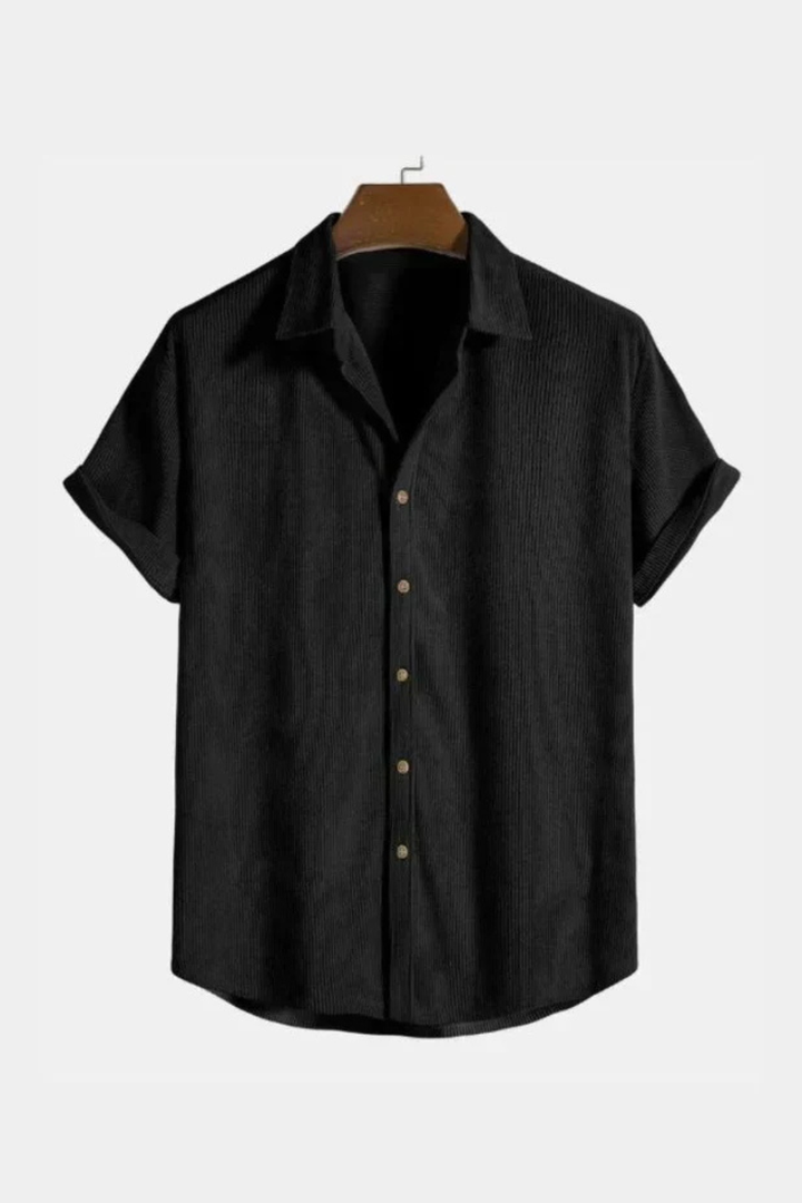 Relaxed fit men's textured short sleeve shirt with camp collar, ideal for stylish summer vacation wear.