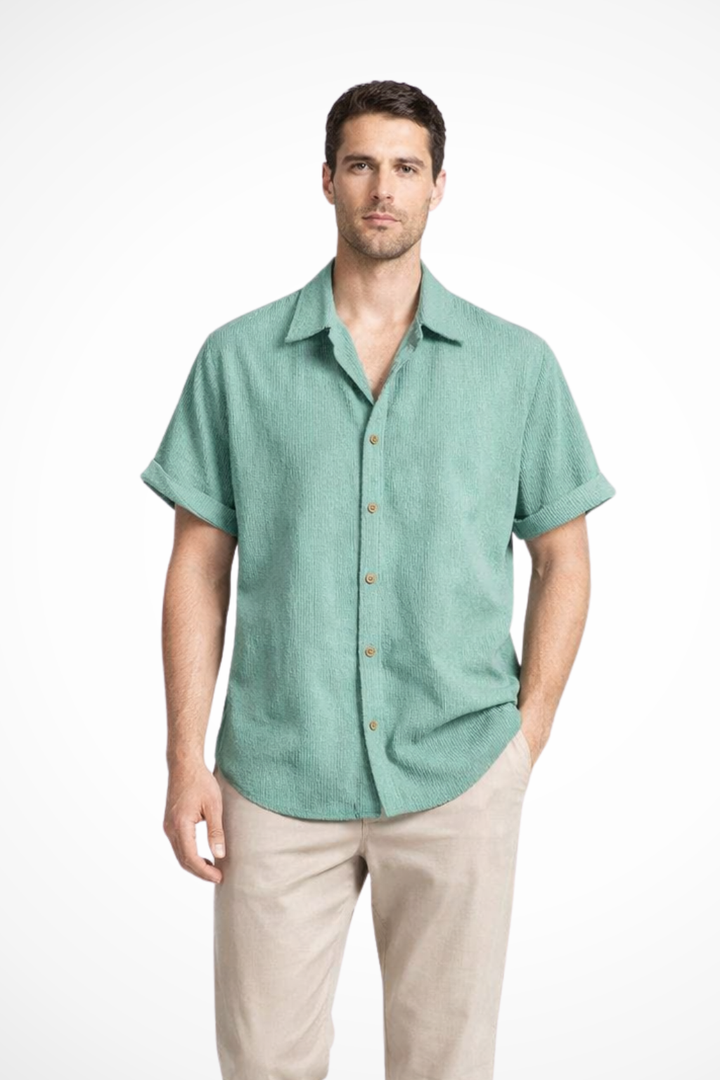 Stylish men's button-down shirt, textured fabric, camp collar, short sleeve. Versatile for everyday casual wear.