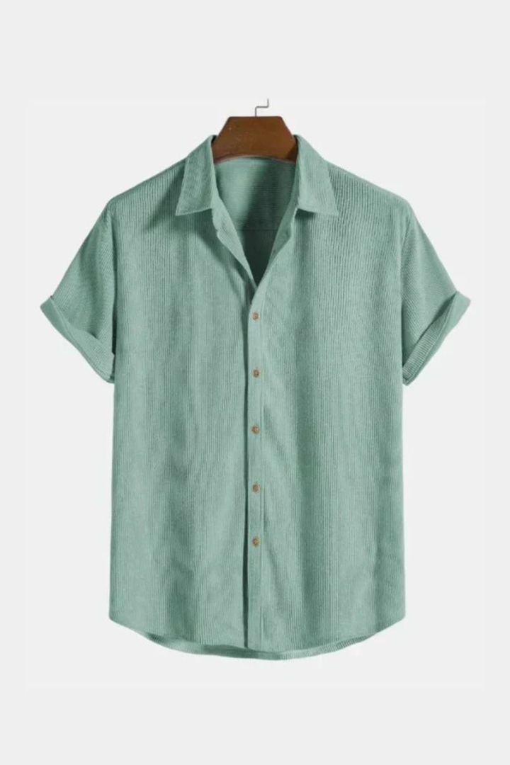 Men's casual short sleeve camp collar shirt, textured for summer. Relaxed fit button-down top for men.