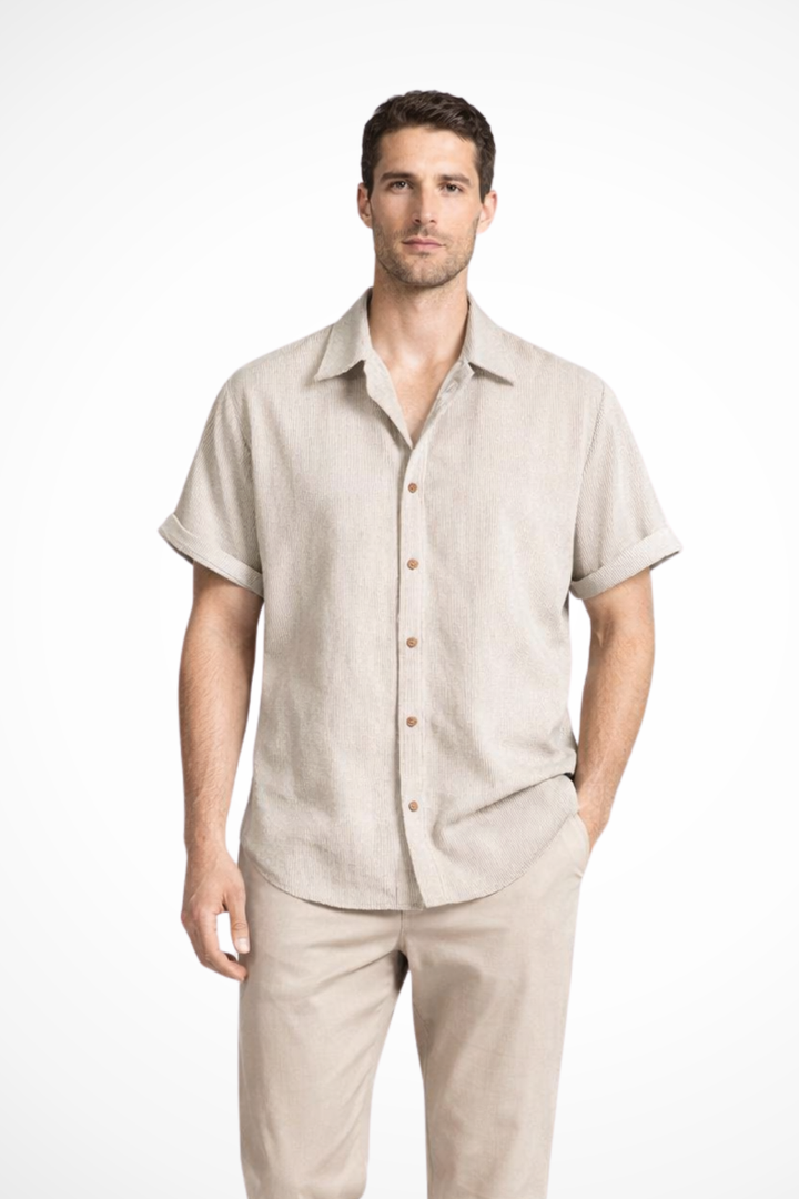 Comfortable men's textured camp collar short sleeve shirt, perfect for relaxed summer fashion & everyday style.