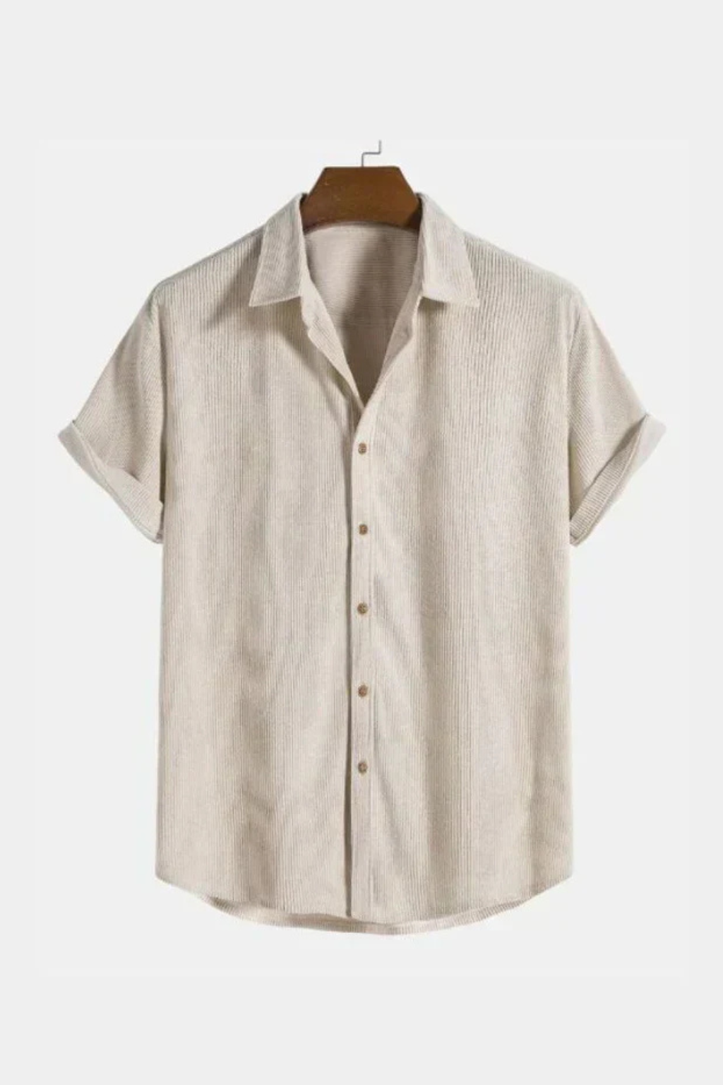 Men's short sleeve button-down shirt, textured fabric, camp collar. Essential casual wear for warm weather.