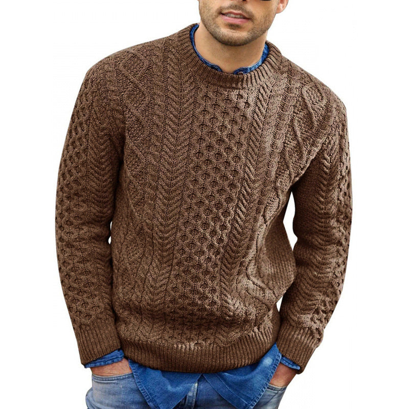 Comfortable men's crew neck knit sweater with textured detailing, ideal for versatile autumn & winter style.
