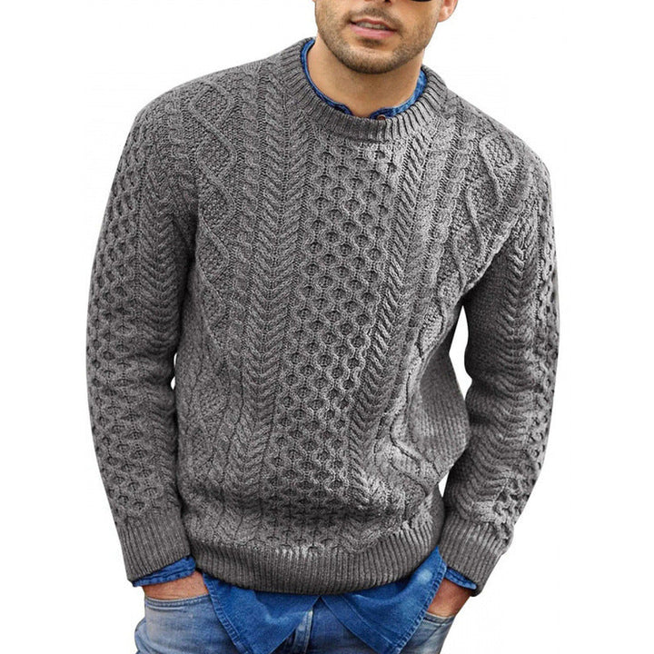 Stylish men's long sleeve pullover knit sweater with textured crew neck, offering a comfortable relaxed fit.