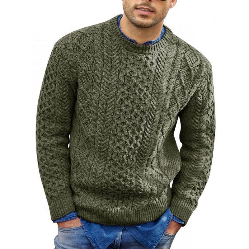 Versatile men's casual crew neck knit sweater with textured pattern, great for autumn & winter layering.