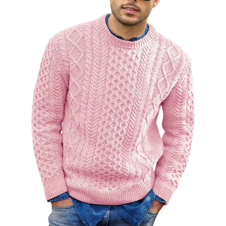 Warm men's knit sweater featuring a textured crew neck and long sleeves, essential for winter fashion.