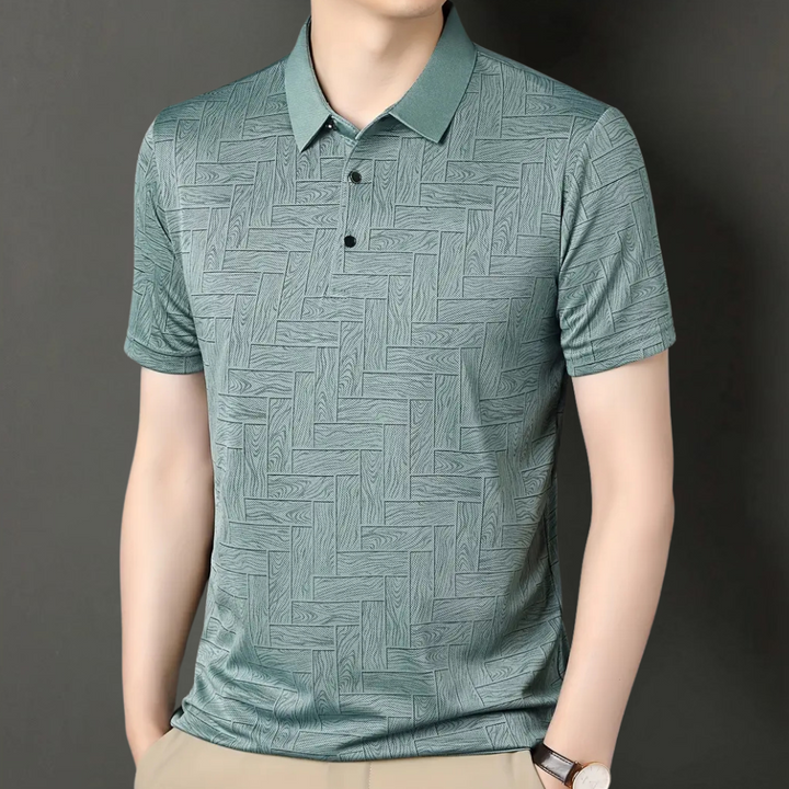 Men's textured knit polo shirt, short sleeve, smart casual style. Tailored fit for a modern look.