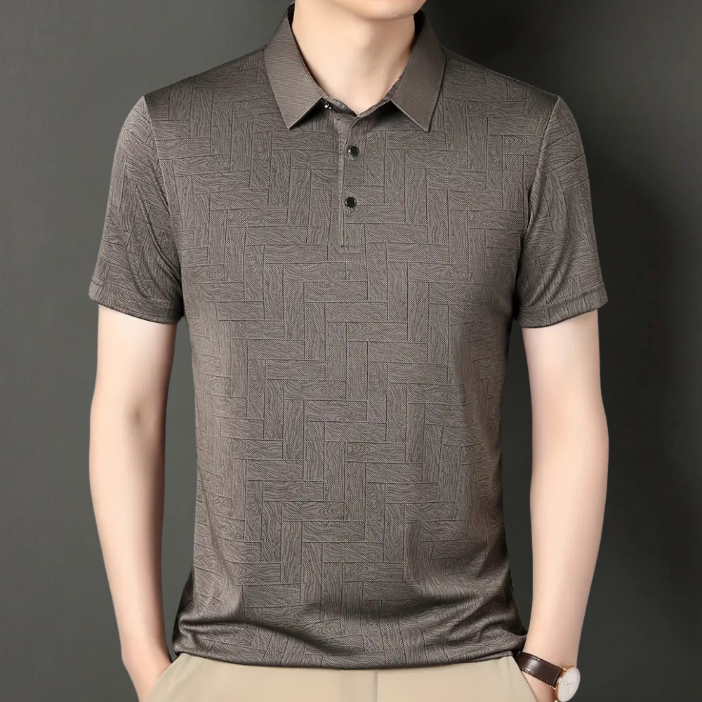 Classic men's short sleeve polo with modern textured knit. Tailored fit for a sleek, smart casual look.