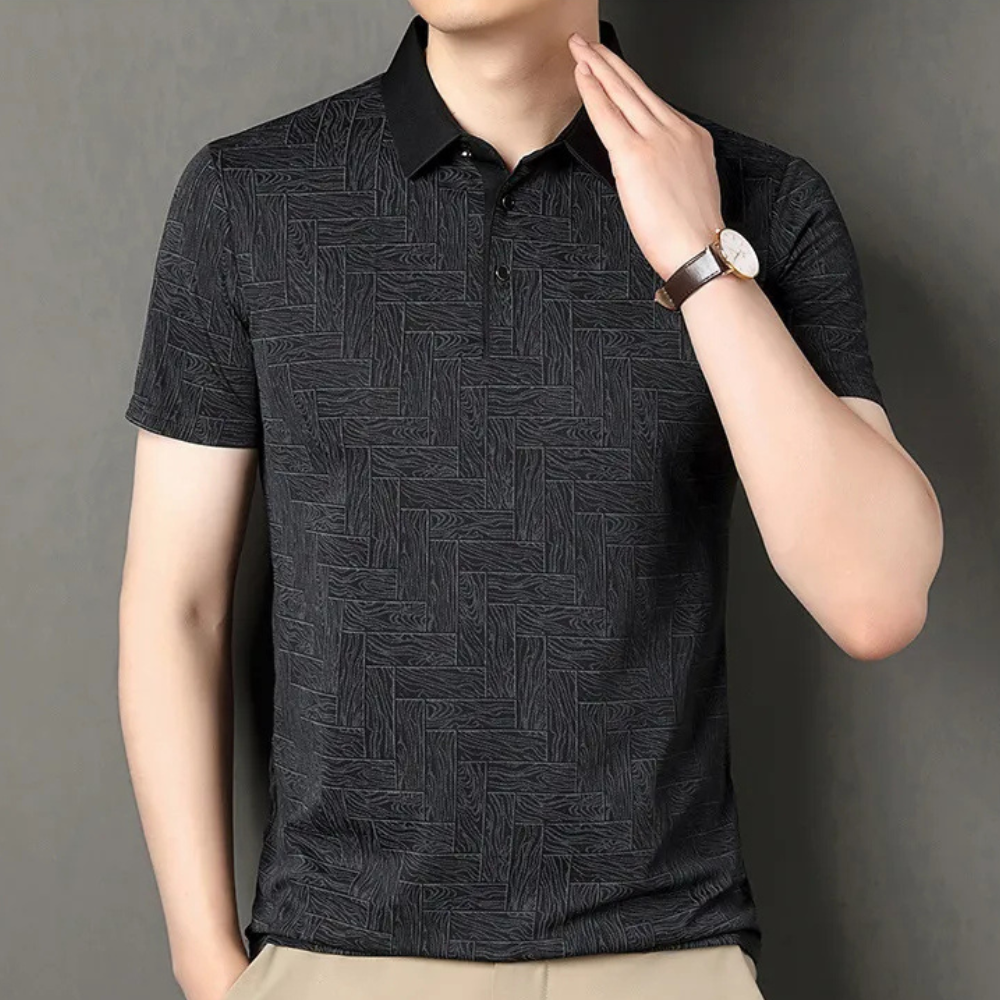 Fashionable men's summer polo shirt with a textured knit. Short sleeve, smart casual design for comfort.