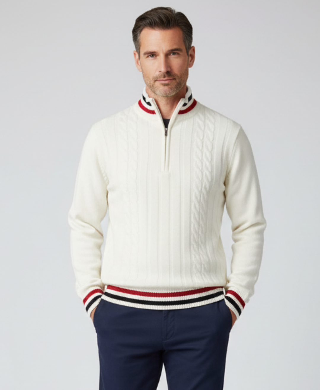 Men's textured knit quarter-zip sweater in charcoal grey, slim fit casual style