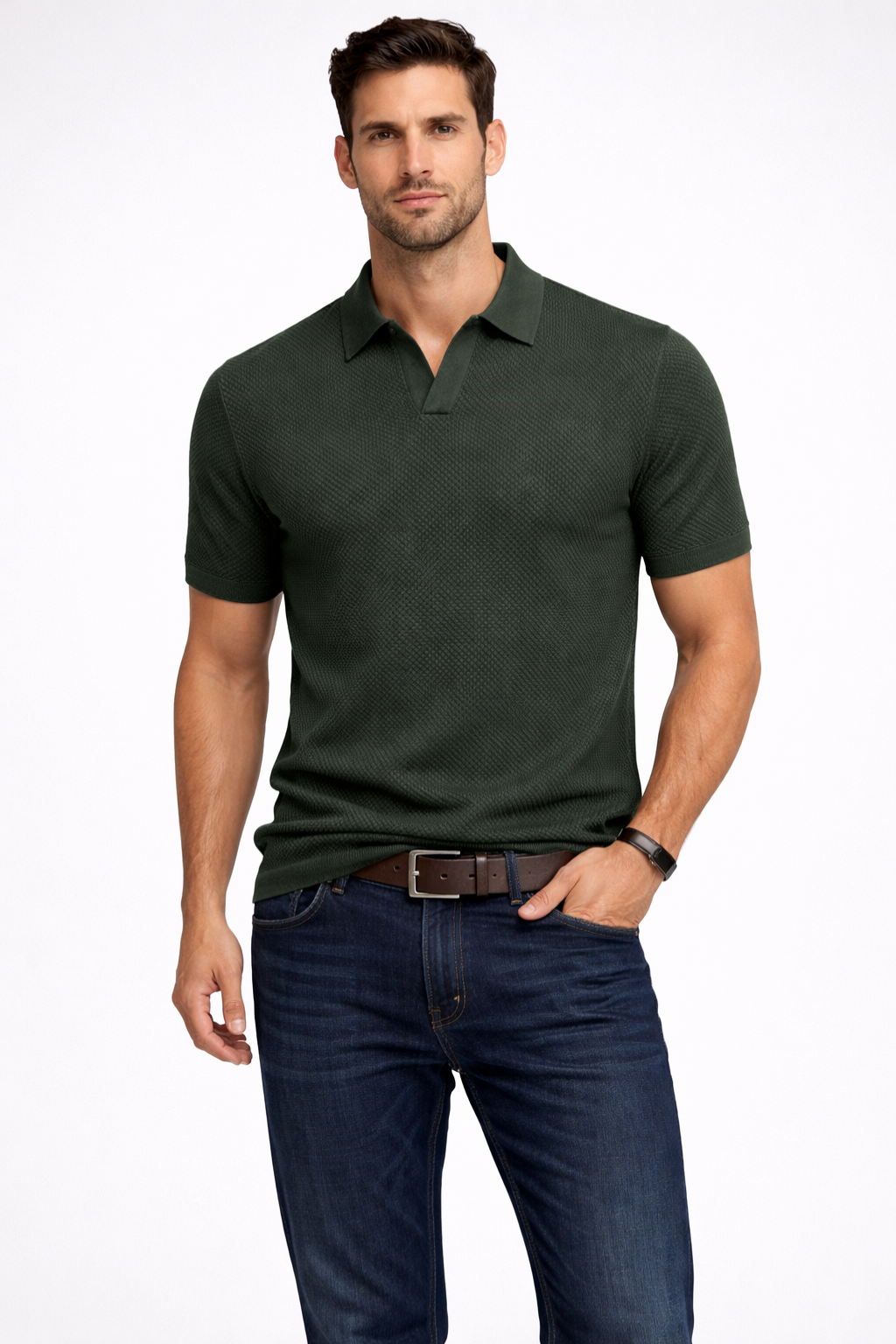 Men's textured knit short sleeve polo shirt in navy blue