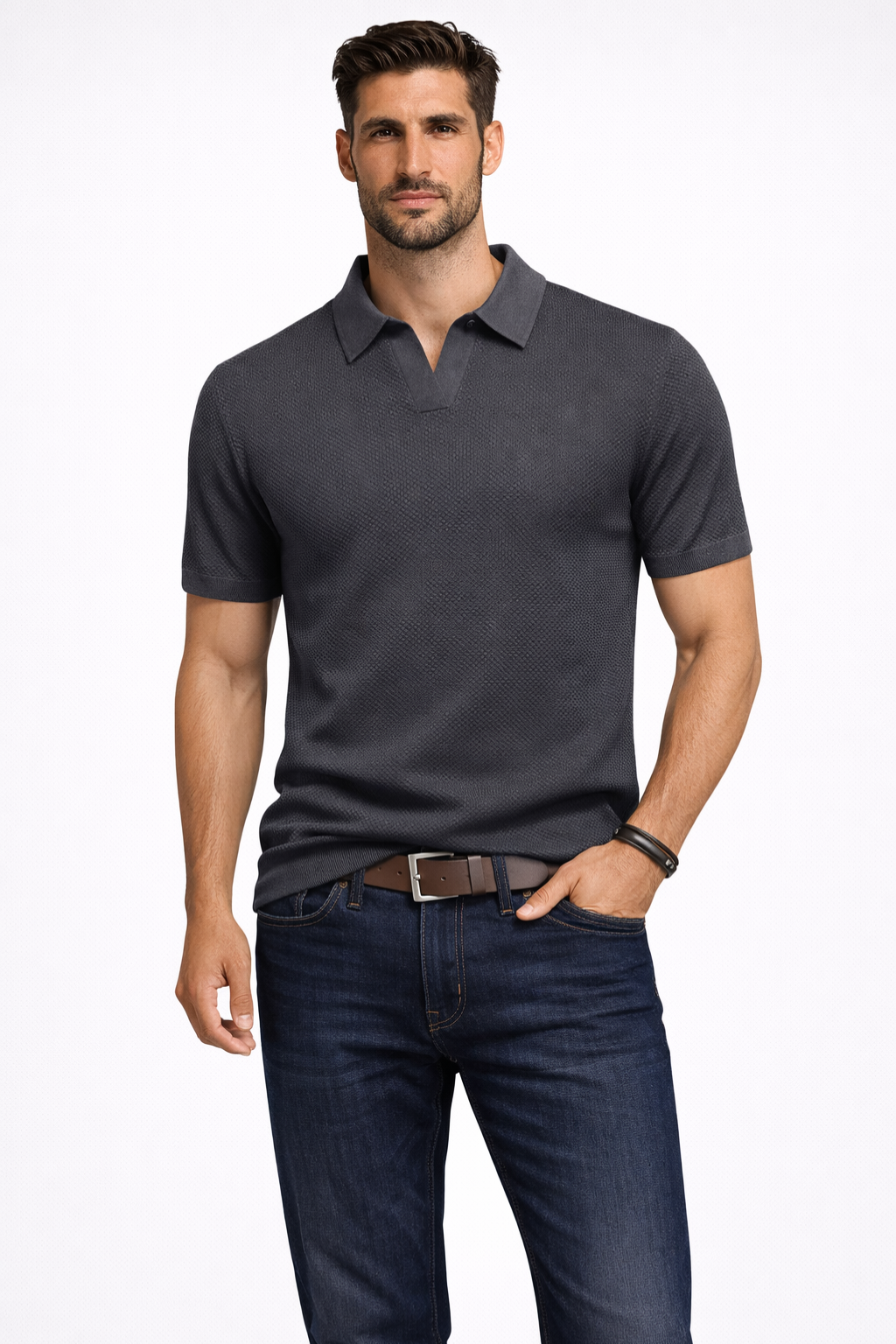 Men's short sleeve polo shirt with a modern textured finish