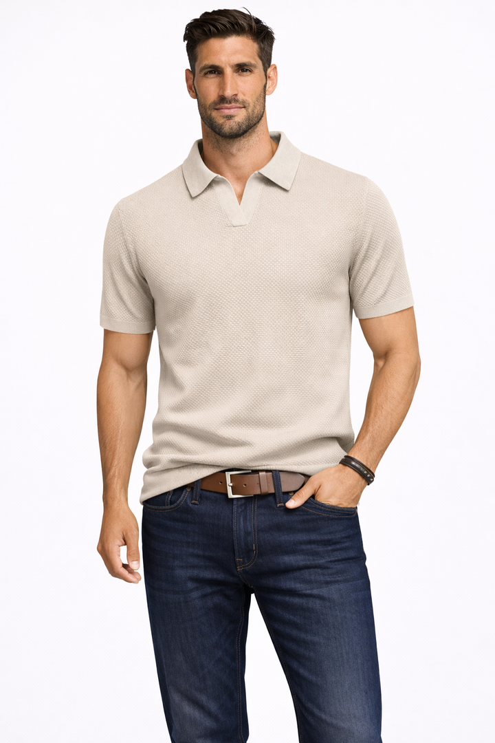 Men's contemporary polo shirt, unique textured knit pattern