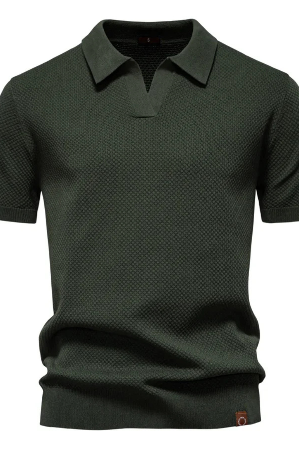 Close-up of the textured knit fabric on men's short sleeve polo