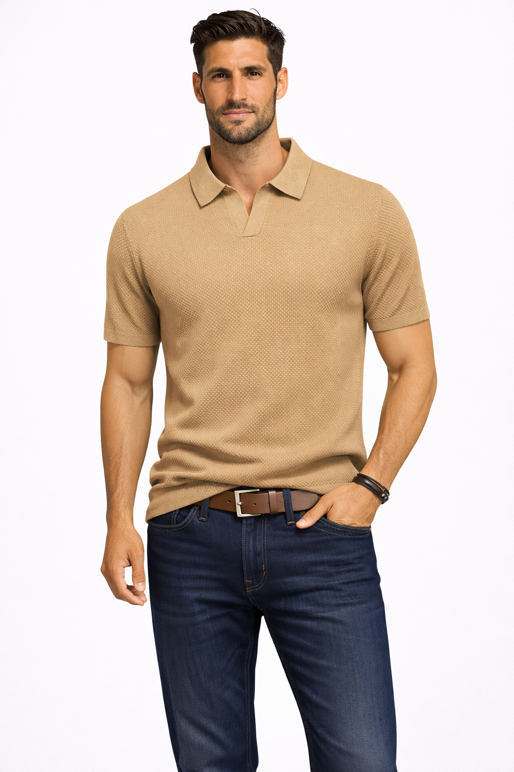 Men's knit polo shirt, featuring subtle texture