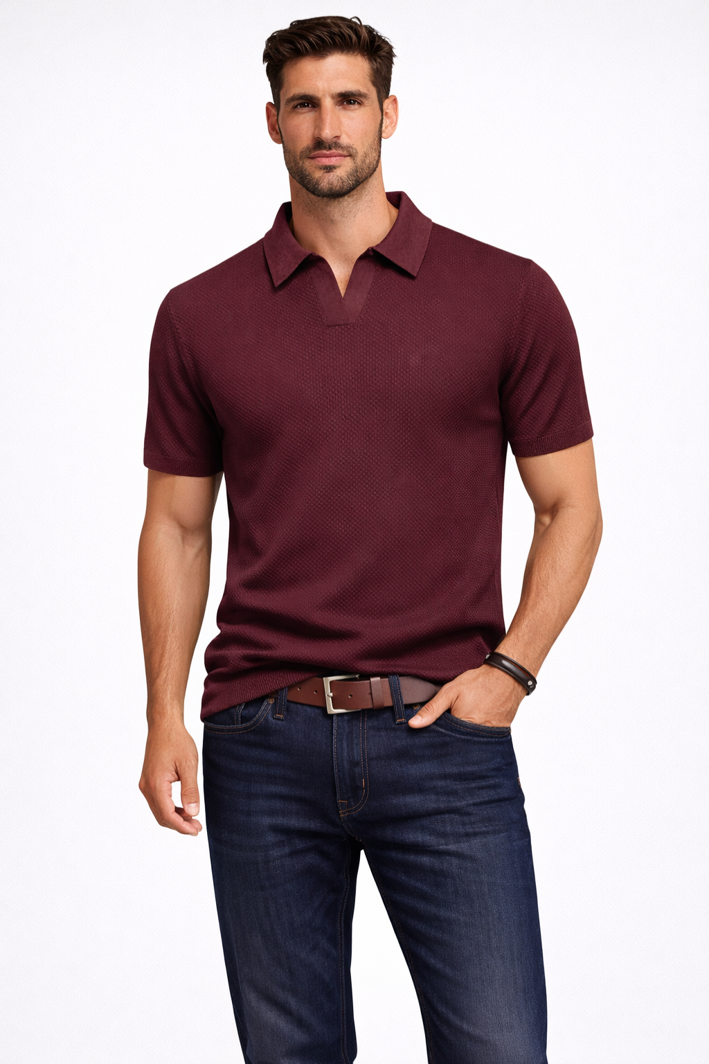 Men's textured short sleeve polo in charcoal grey