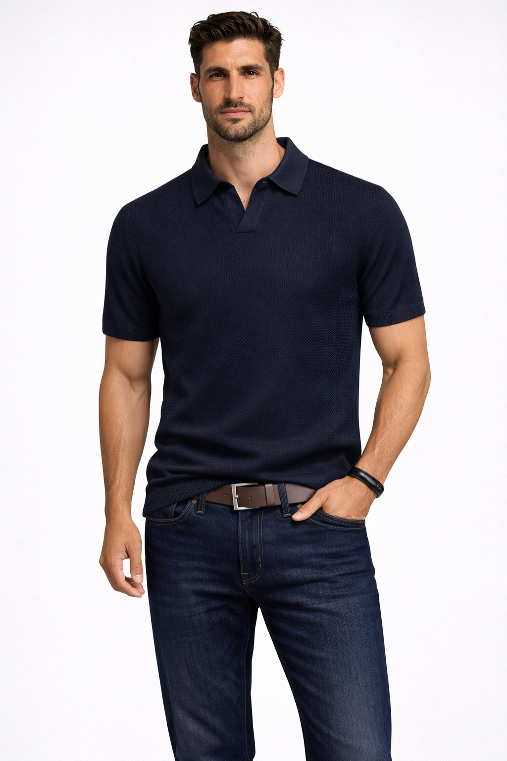 Model wearing a casual men's textured knit polo shirt