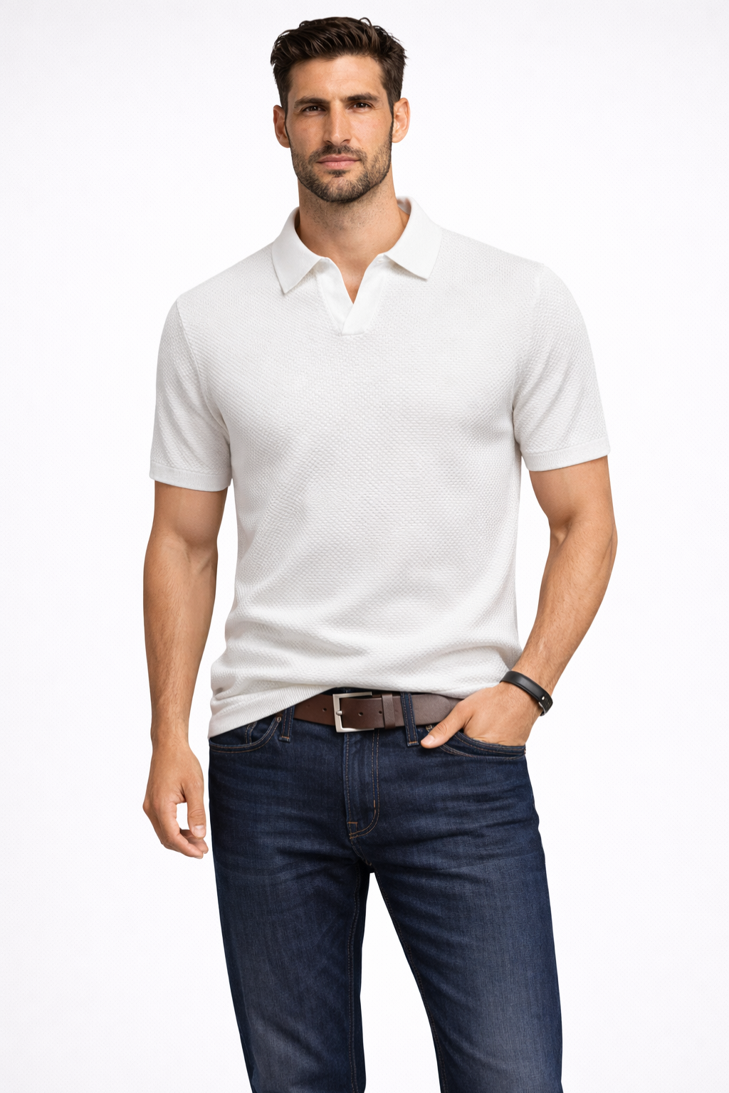 Men's golf attire featuring a textured knit polo shirt
