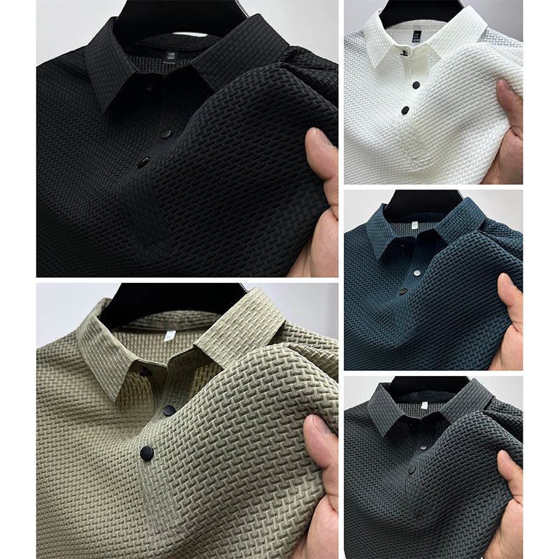 A basic men's short sleeve knit polo shirt with unique snap button detail