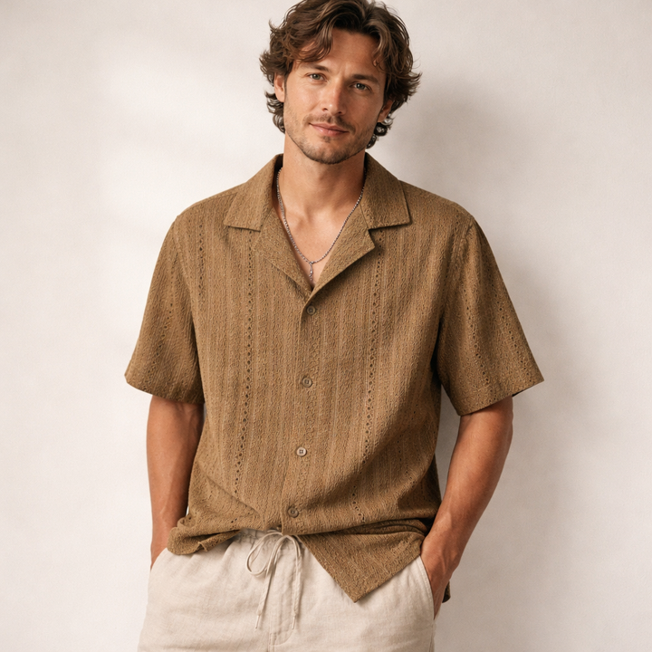 Men's textured open collar short sleeve shirt. Relaxed fit, perfect for summer casual style & daily wear.