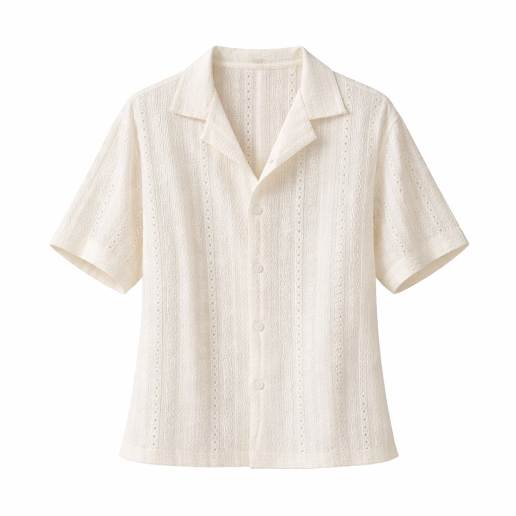 Stylish men's short sleeve textured shirt with open collar. Ideal for summer holidays, beachwear, or casual outfits.