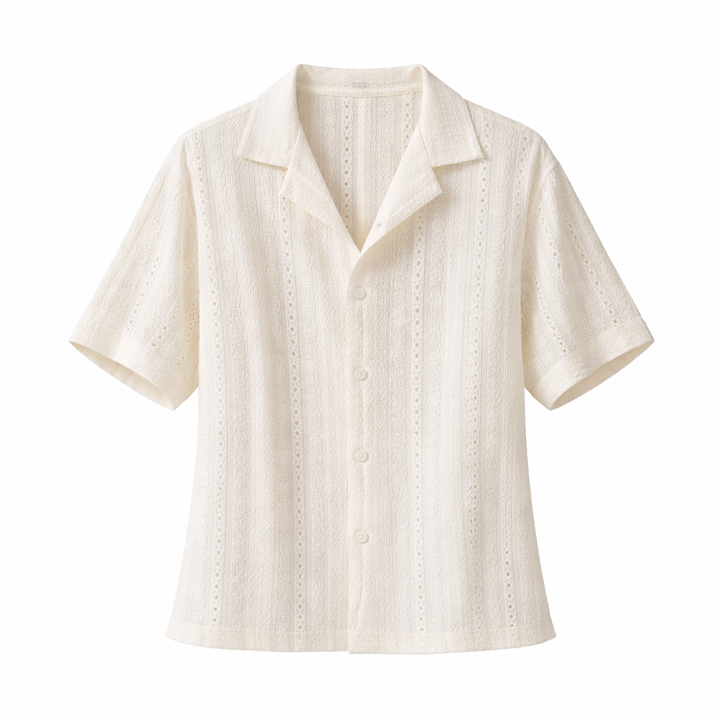 Stylish men's short sleeve textured shirt with open collar. Ideal for summer holidays, beachwear, or casual outfits.