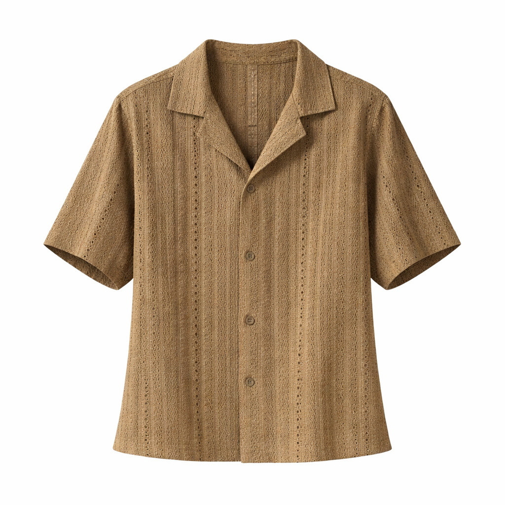 Breathable men's textured button-up shirt with an open collar. Modern, relaxed fit for summer fashion & comfort.