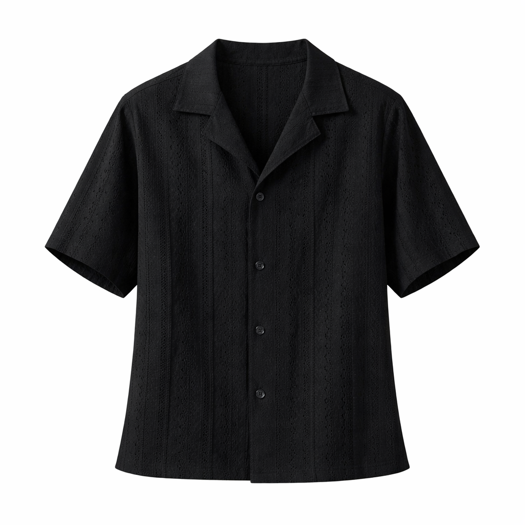 Casual men's short sleeve shirt, featuring textured fabric and an open collar. A versatile modern summer top.