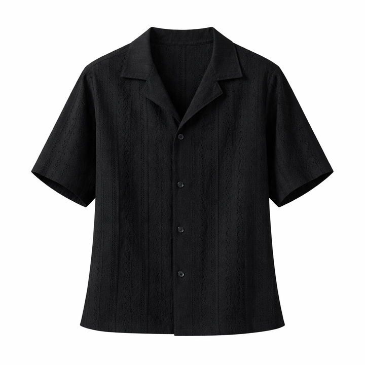 Casual men's short sleeve shirt, featuring textured fabric and an open collar. A versatile modern summer top.