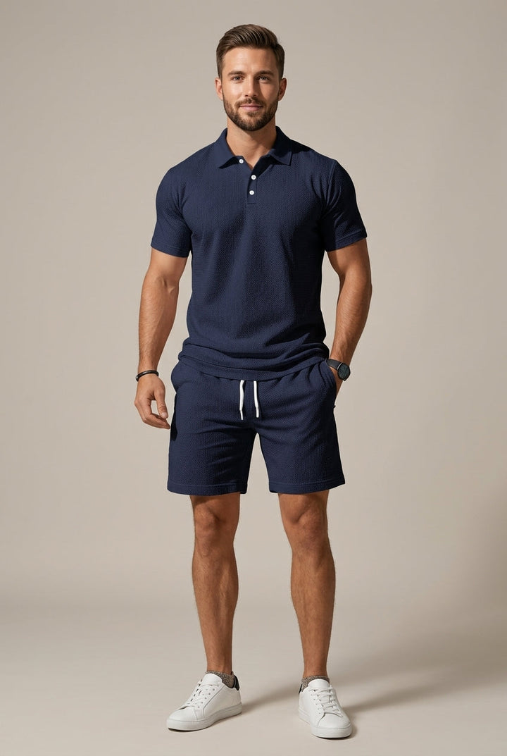 Men's textured polo shirt & drawstring shorts two-piece set for casual summer style.