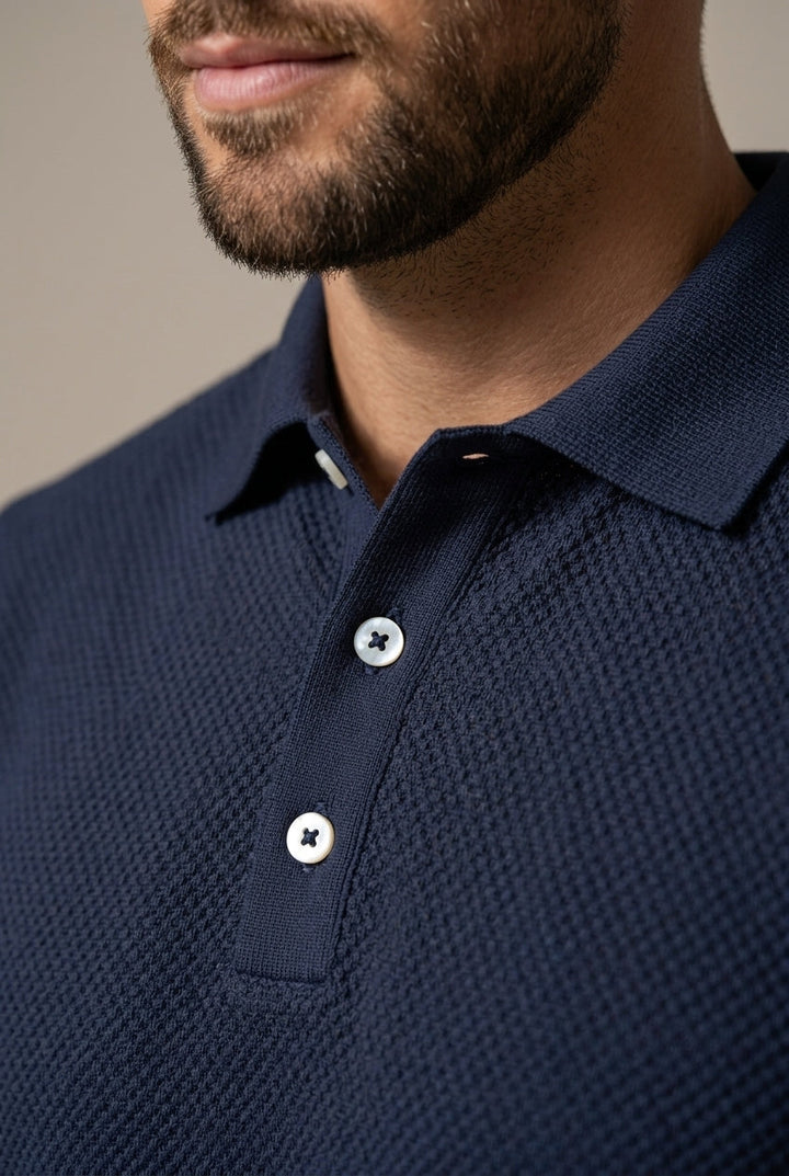 Comfortable men's textured polo shirt & matching drawstring shorts lounge set.