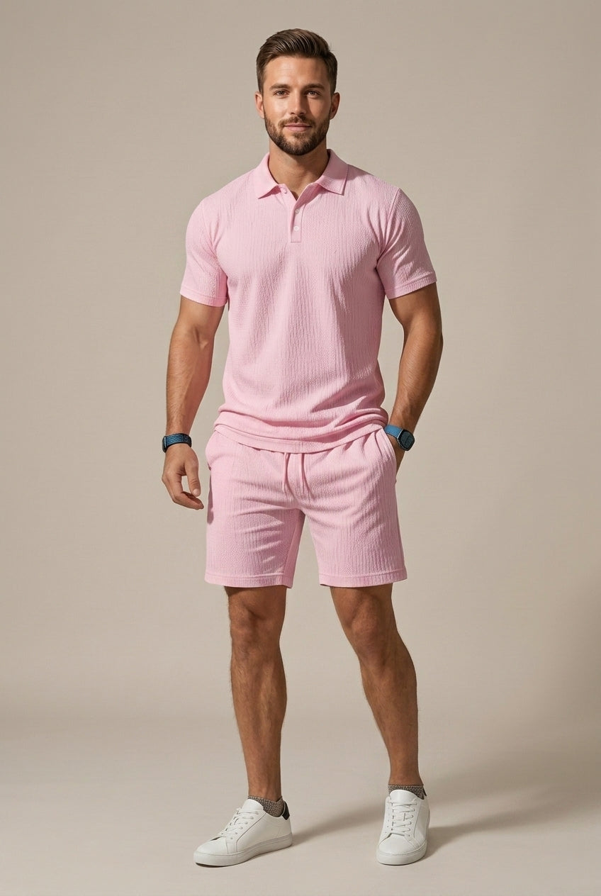 Men's two-piece textured polo shirt & drawstring shorts set for an easy, stylish summer outfit.
