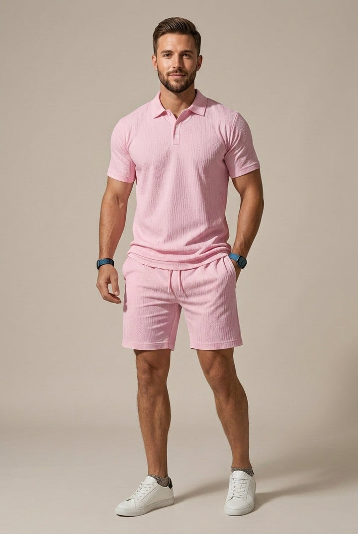 Men's two-piece textured polo shirt & drawstring shorts set for an easy, stylish summer outfit.