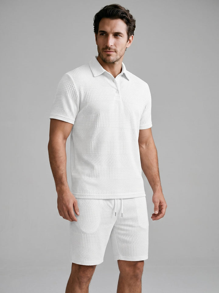 Men's textured polo shirt & shorts set. Relaxed fit, perfect for casual summer wear & loungewear.