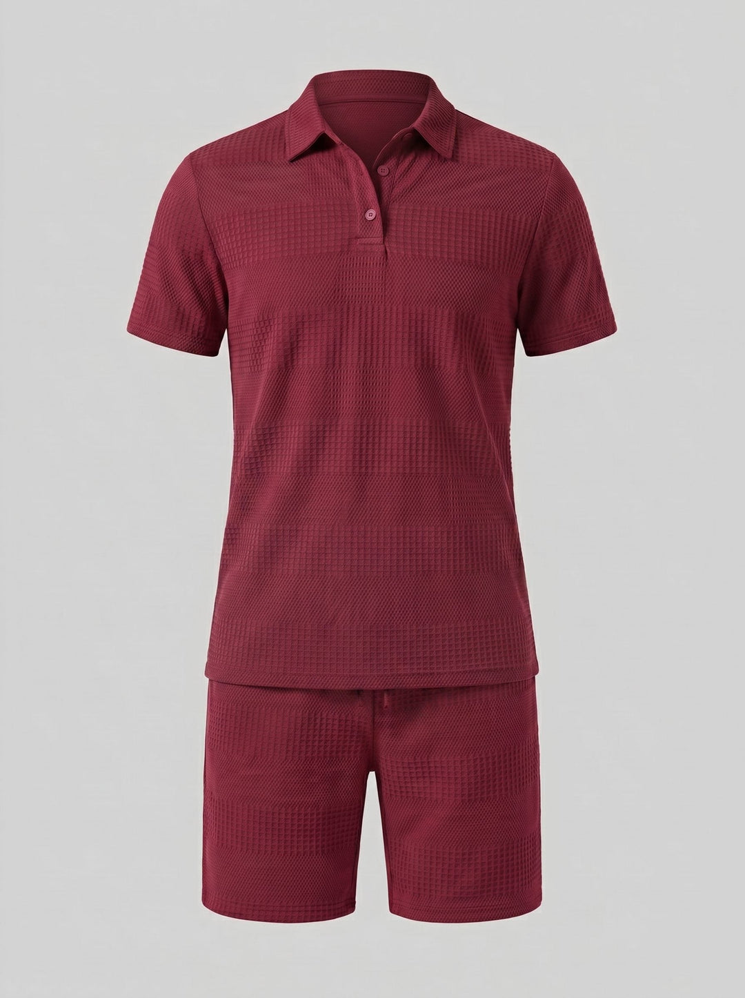 Coordinated men's textured polo shirt & shorts set. Versatile casual wear & loungewear.