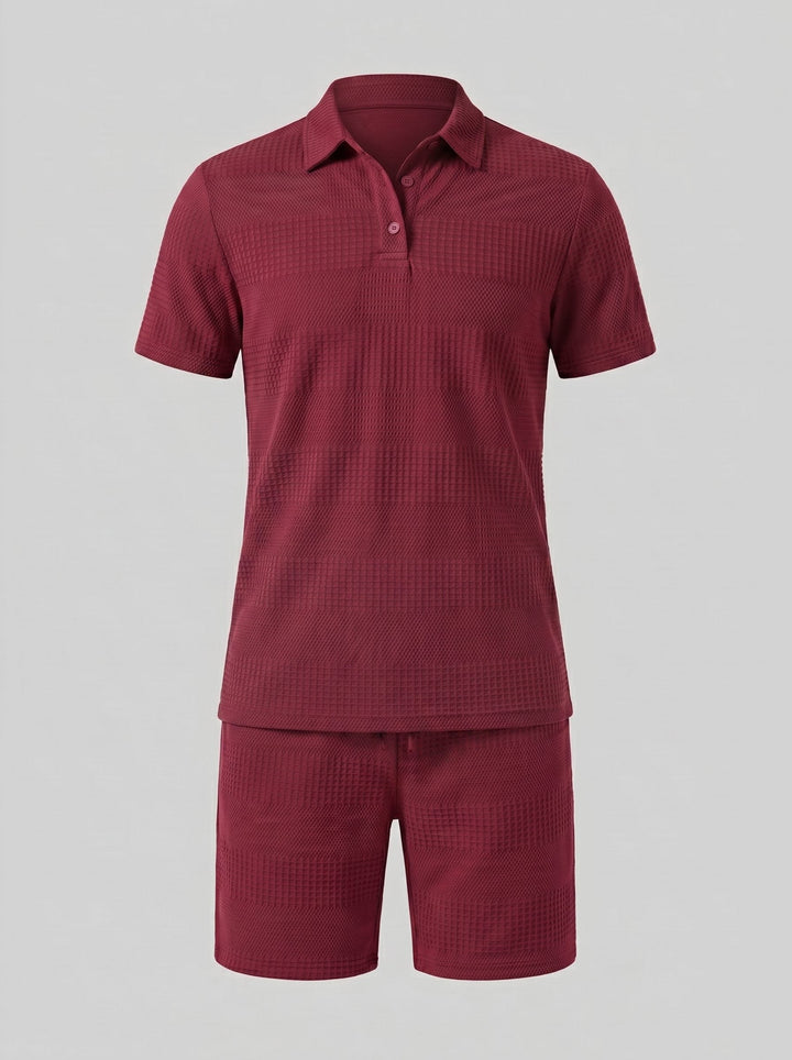Coordinated men's textured polo shirt & shorts set. Versatile casual wear & loungewear.