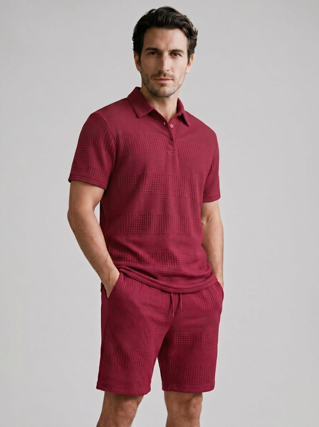 Men's summer outfit: Textured polo shirt and shorts set. Effortless style & comfort.
